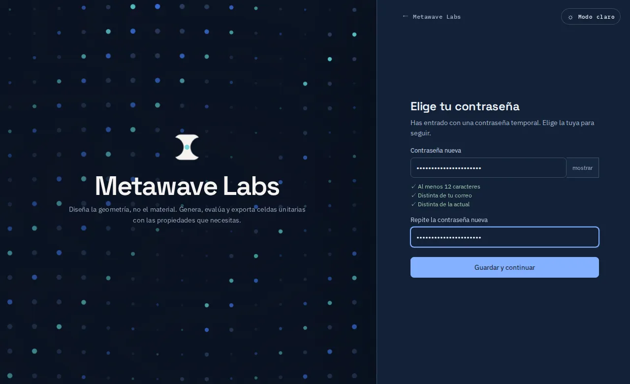 Metawave Labs sign-in screen: “Design the geometry, not the material”.